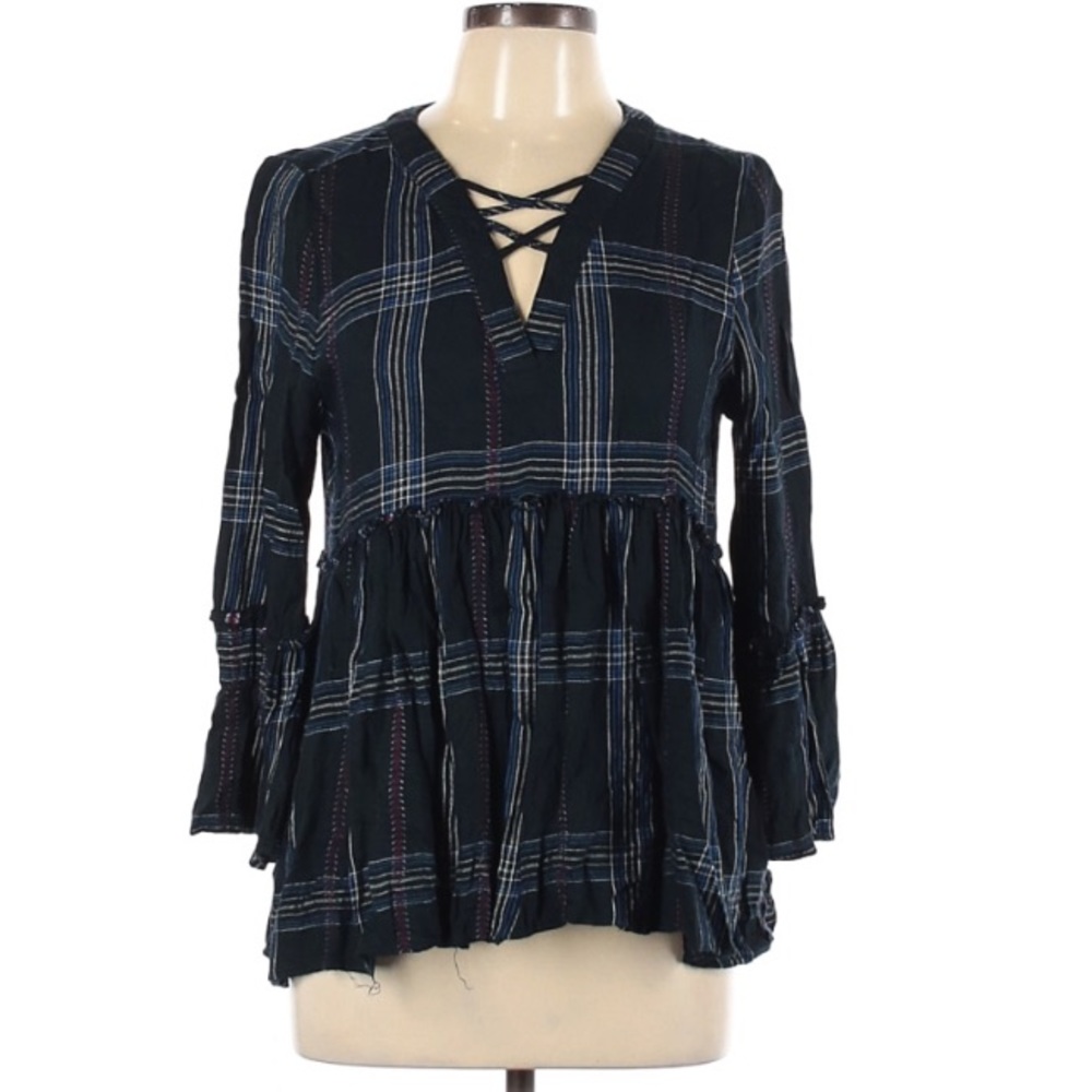 Blue Rain Plaid Peplum long sleeve baby doll shirt.